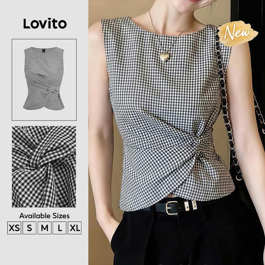 (New Arrival) Lovito Top Feminino Xadrez Elegante Sem Mangas Gola Redonda Nó Zíper Clássico E Versátil Primavera Verão Trabalho Preto E Branco TKB201P1D581
