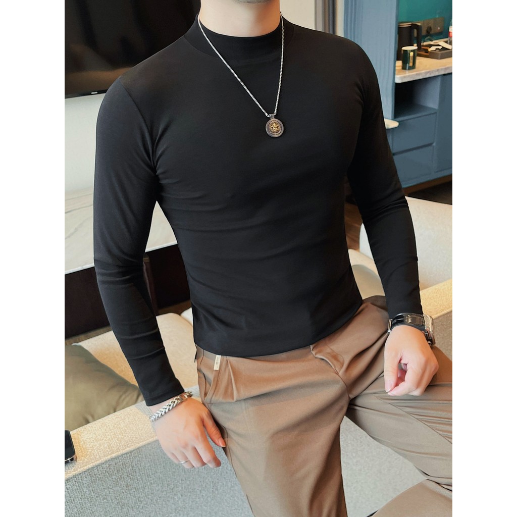 Camisa masculina pequena de gola média de manga comprida primavera outono versão coreana Slim-fit Stretch cor sólida All