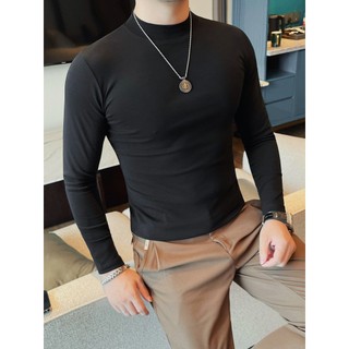 Camisa masculina pequena de gola média de manga comprida primavera outono versão coreana Slim-fit Stretch cor sólida All