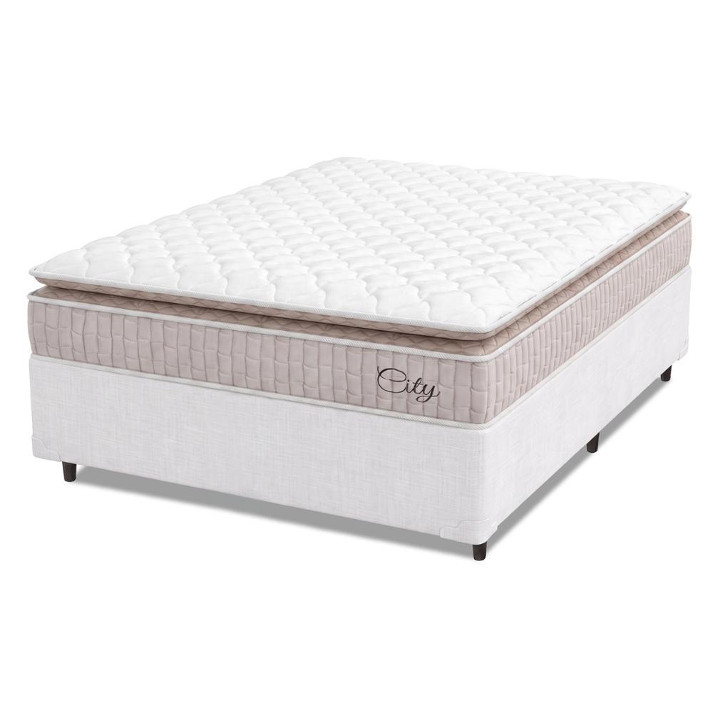 Cama Box Colchão Casal Molas Ensacadas City Pillow Top 138x188x61cm Linho Branco / Bege Hellen