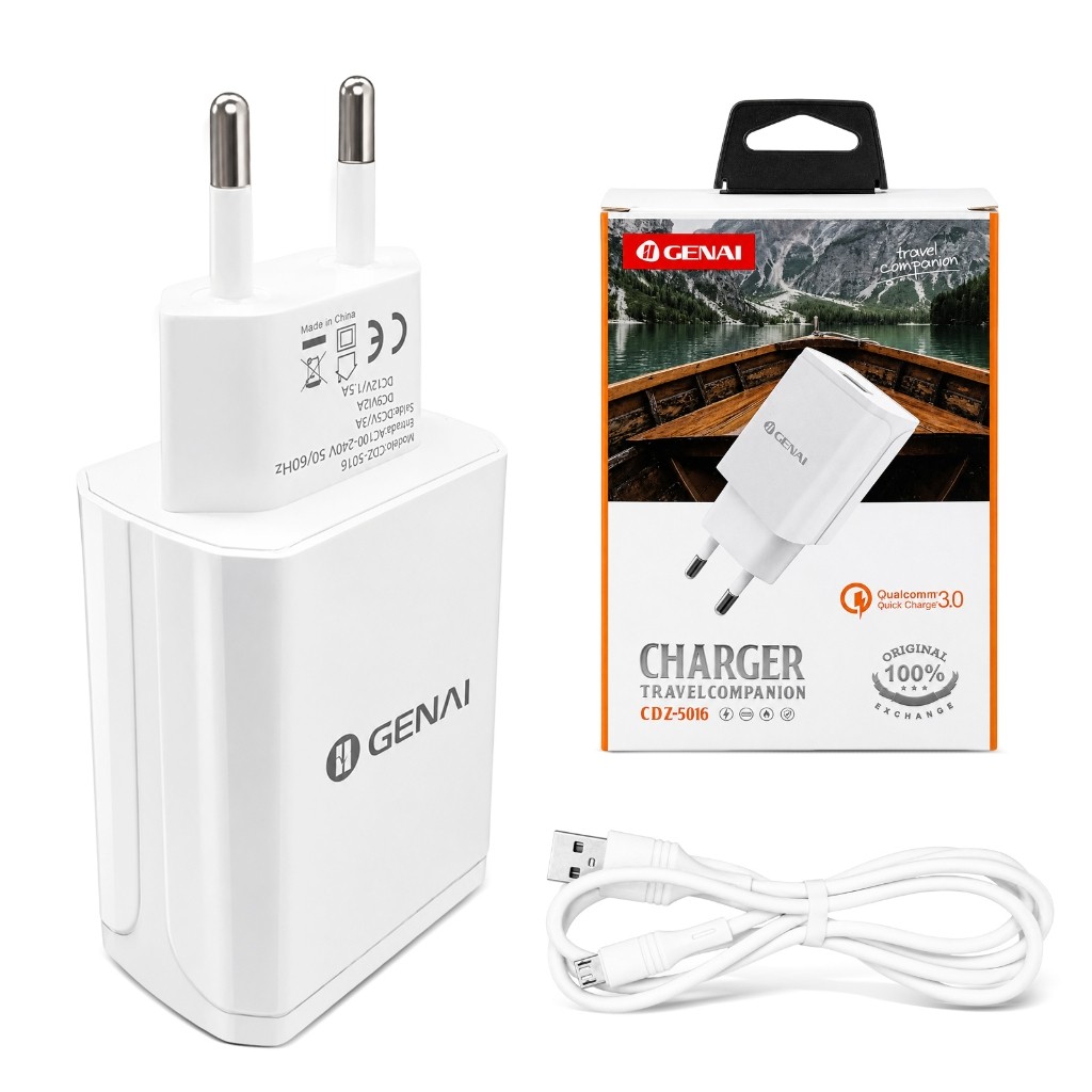 Kit Carregador Parede QC3.0 18W GENAI Bivolt Plug Europeu + Cabo Micro USB Incluso