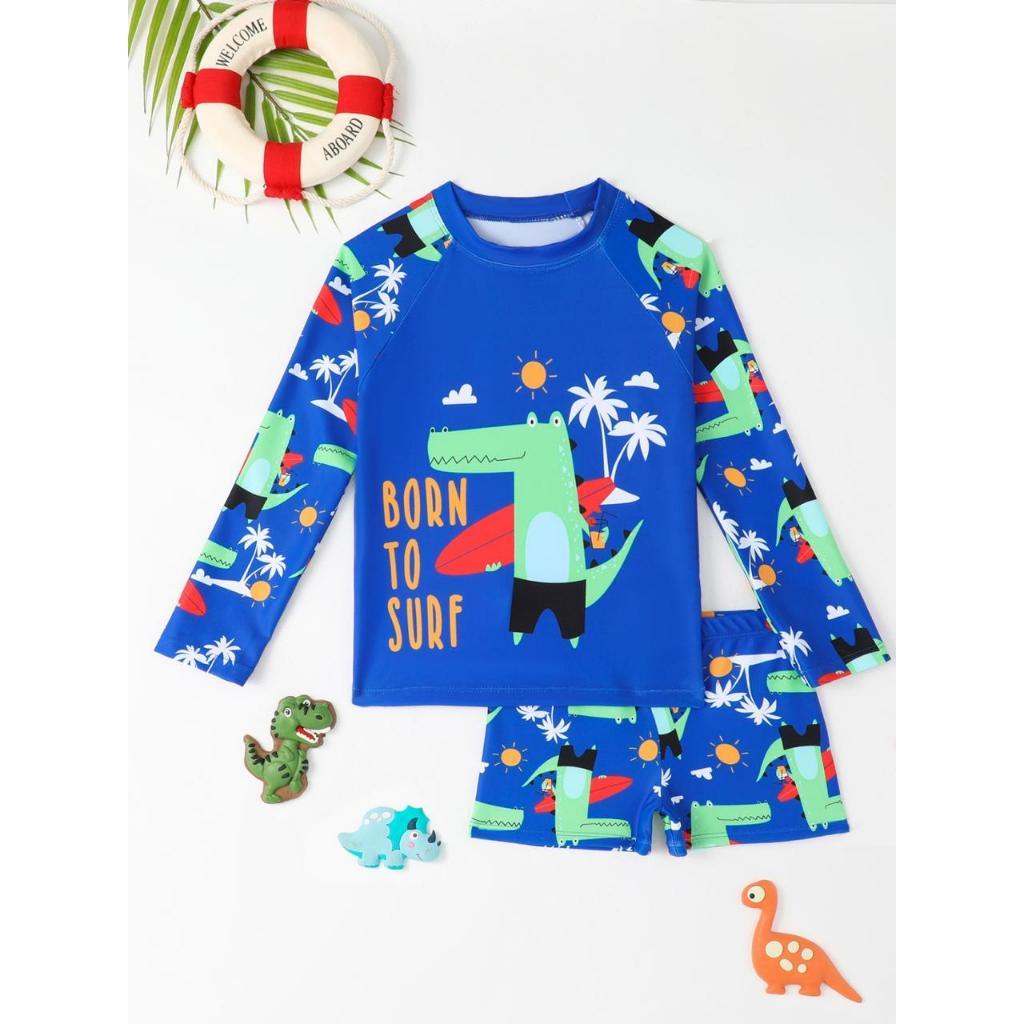 Conjunto Dino Infantil Proteção Uv50 Camisa Longa Sunga Praia Piscina Natação