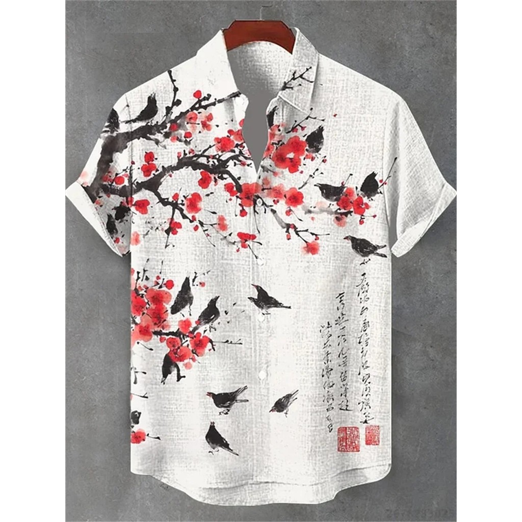 Camisa Masculina De Manga Curta Estampada Moda Verão , Top Casual Retrô Masculino Com Lapela Na , Havaiana , Tamanhos XS