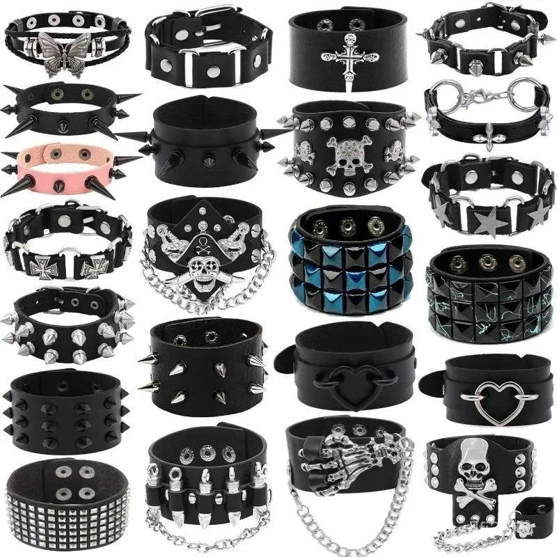 Pulseira de couro PU estilo hip-hop rock, unissex, estilo punk, com detalhes de pregos, rebites, caveira, coração e cruz