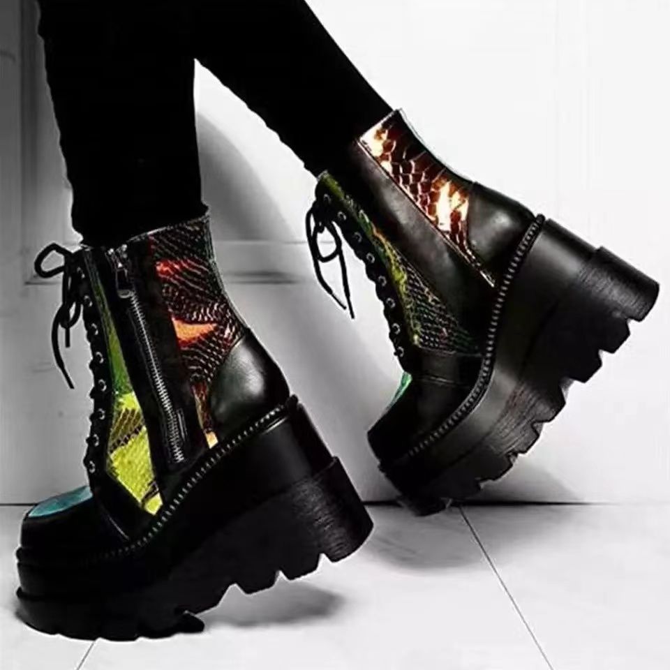 TAMANHO35-43, Botas Curtas Femininas, Botas de Couro Outono Inverno Sapatos de Plataforma de Cano Alto Feminino Salto Ul