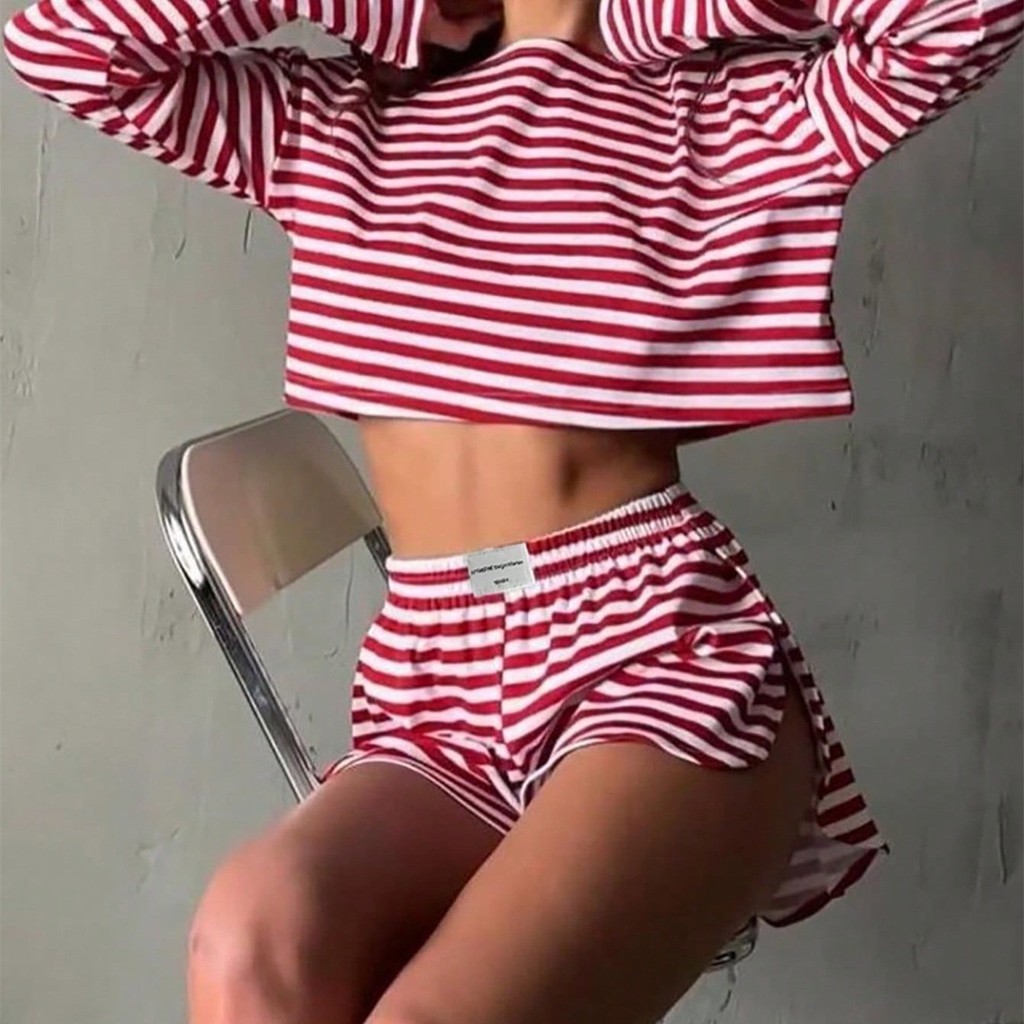Listrado de manga comprida superior fenda Shorts terno Loungewear feminino Casual terno de duas peças respirável Com
