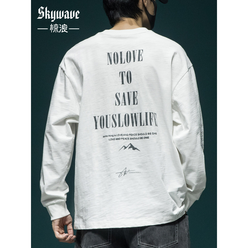 American Street Wear carta impressa Slub algodão manga comprida camiseta masculina solta mais gordura plus Size japonês 
