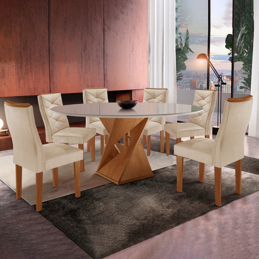 Conjunto Mesa Redonda com Vidro e 6 Cadeiras Tampo 120CMX120CM Barcelona Yescasa Cinamomo/Off White/Suede Pena