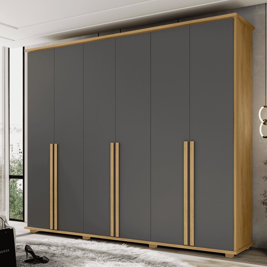 Guarda-Roupa 6 Portas com 5 Gavetas Internas 1 com Divisória e Maleiro Estrela RV Móveis Cinza/Cinamomo/Grafite