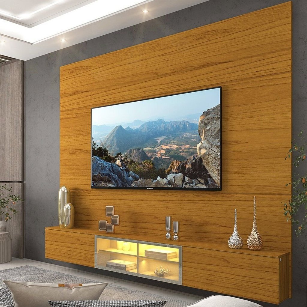 Estante para TV e Home Theater até 84 Polegadas 100% MDF com LED com Vidro Reflecta 217cm Porta LED Luminare Marrom