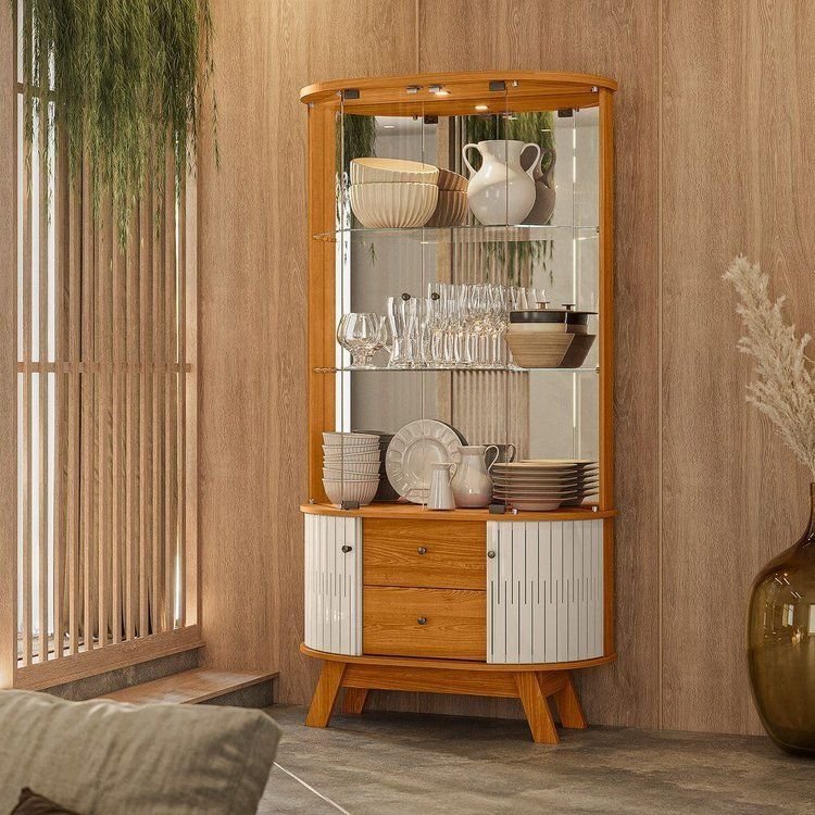 Cristaleira para Sala de Jantar 4 Portas Vidro Curvo com Espelho LED 2 Gavetas Moss Marrom Off White Cinamomo/Off White