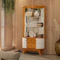 Cristaleira para Sala de Jantar 4 Portas Vidro Curvo com Espelho LED 2 Gavetas Moss Marrom Off White Cinamomo/Off White