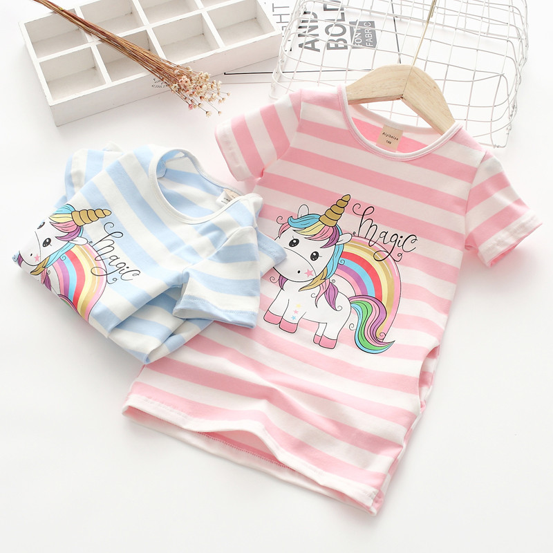 Meninas listrado dos desenhos animados impresso longo camiseta 24 verão novo estilo crianças bebê puro algodão menina ve