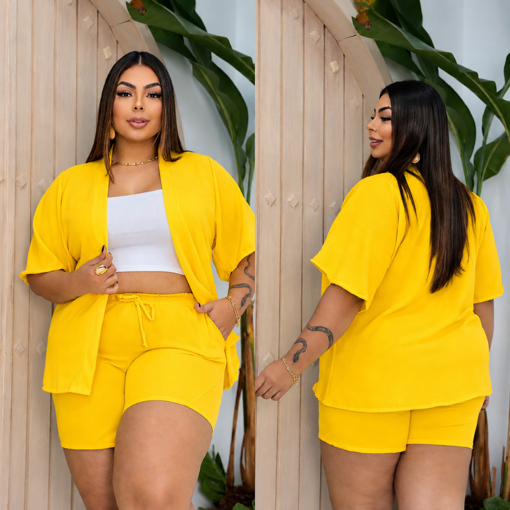 Conjunto Plus Size Kimono E Short Feminino Elegante