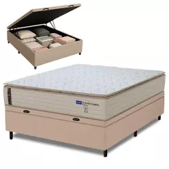 Cama Box Baú Casal Probel Molas Ensacadas Pillow Top 138x188x71cm Guarda Costas Genova Branco/bege