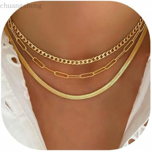 Colares em Camadas de Ouro para Mulheres, Colar Choker Delicado Banhado a Ouro 14K, Conjunto de Colares de Ouro em Espin