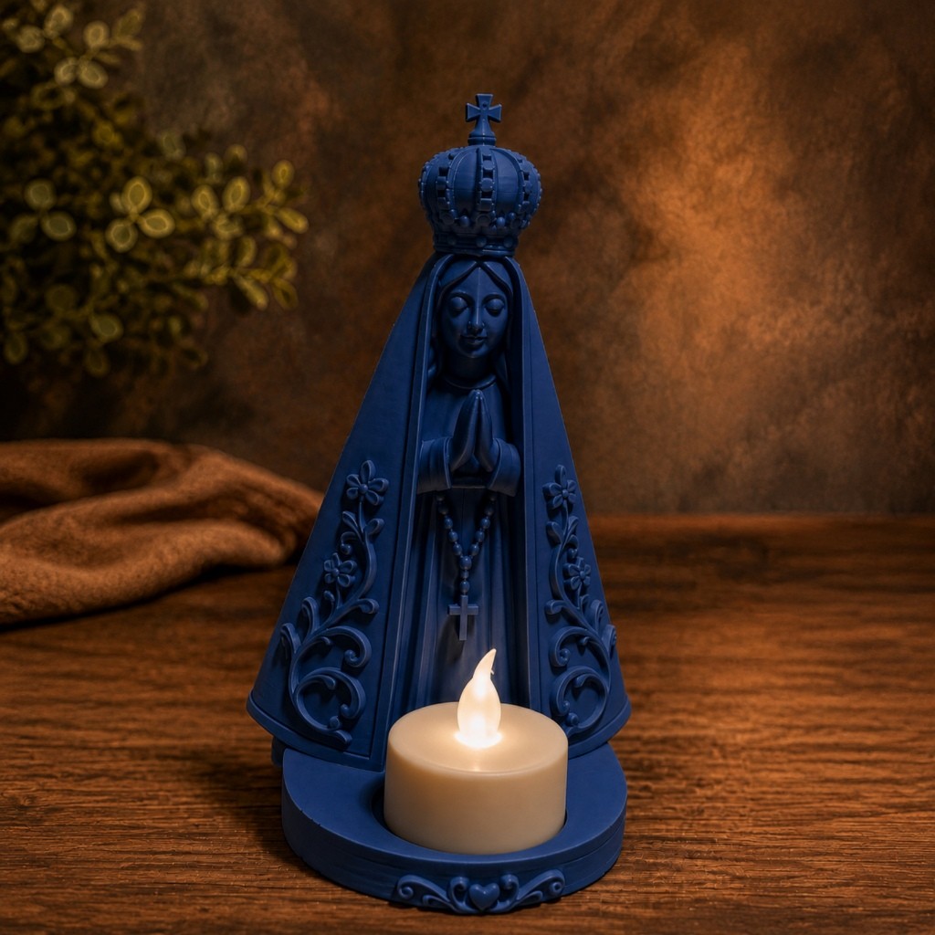 Nossa Senhora Aparecida com Vela LED Imagem Religiosa Decorativa 16cm Impressão 3D
