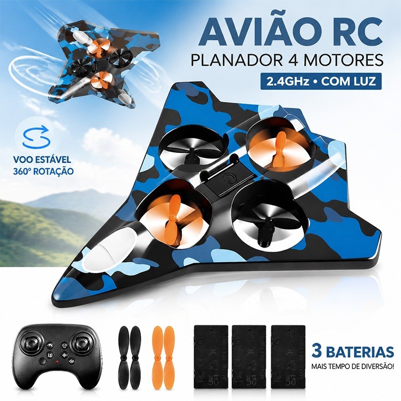 Avião Controle Remoto RC 2.4GHz 4 Motores Planador Infantil Caça Voo Estável Com Luz Bateria Recarregável