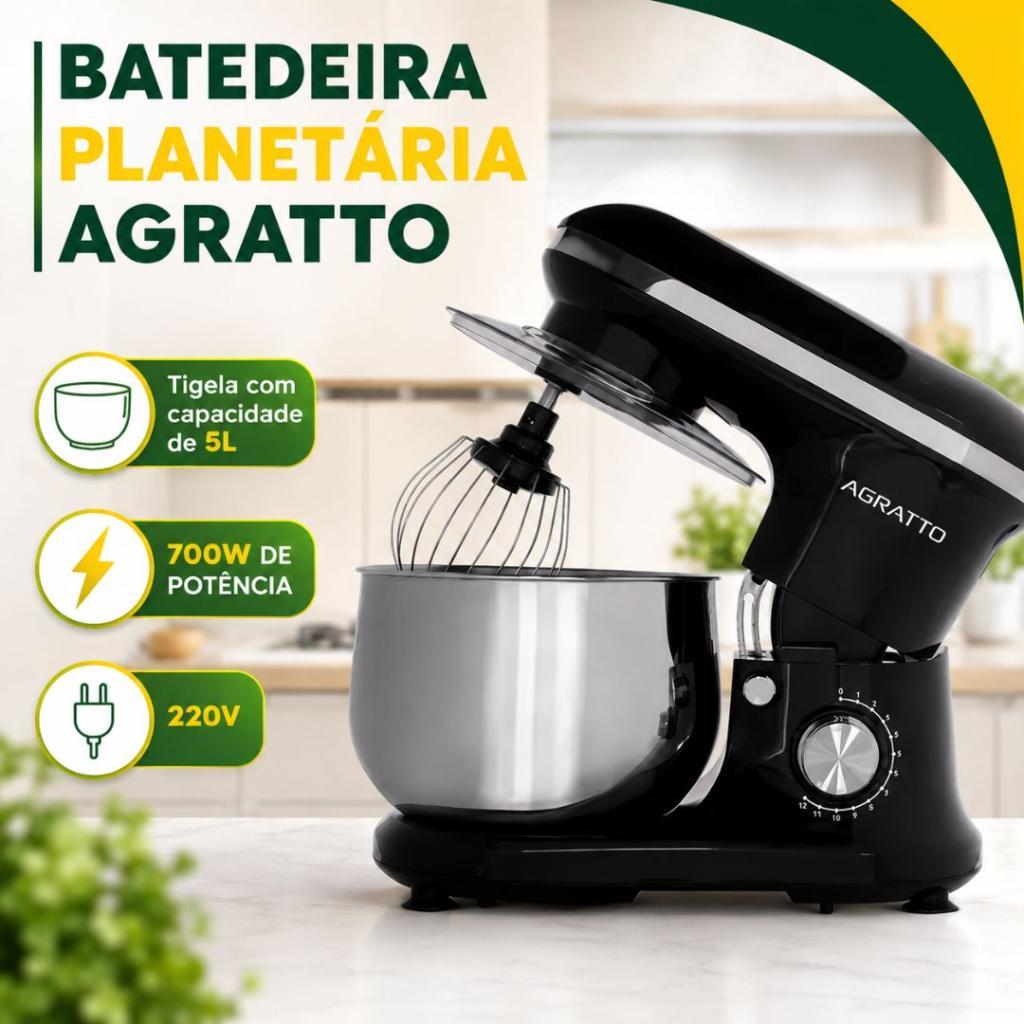 Batedeira Planetária Agratto Supremma 5 Litros 700W 12 Velocidades com Tigela Inox 220V Preta