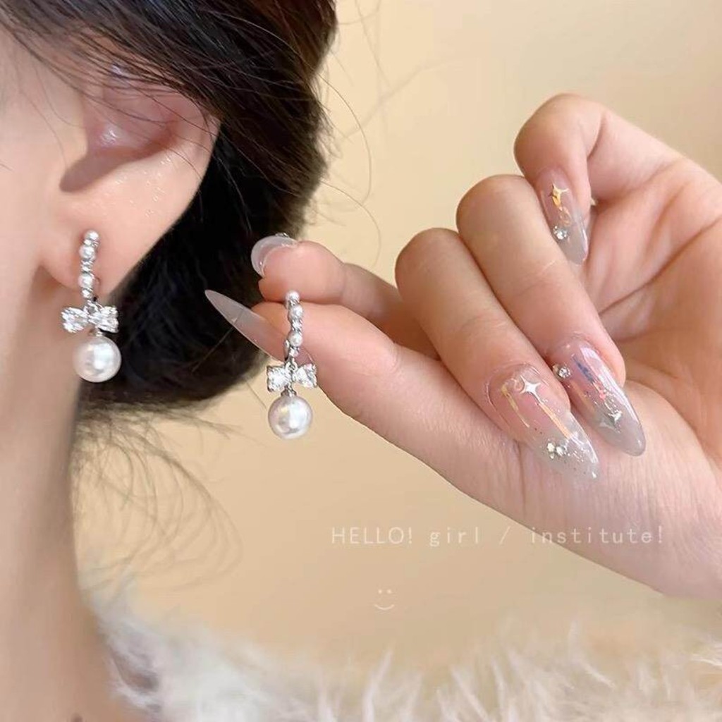 S925 prata esterlina cheio de diamante arco brincos de diamante High-End nicho luz luxo temperamento pérola brincos femi