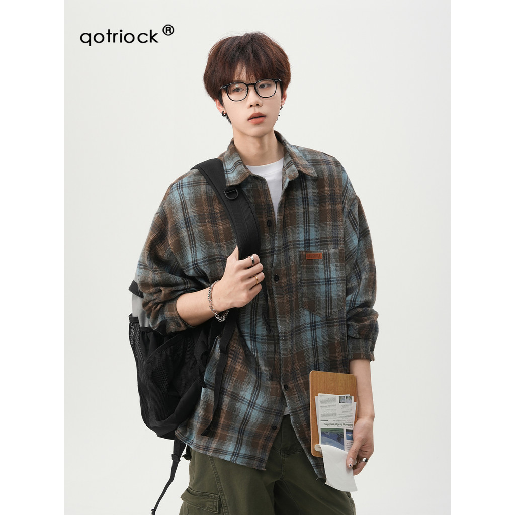 Americano Retro contraste cor verificado camisa masculina outono rua Wear cleanfit preguiçoso camisa solta All-Match jaq