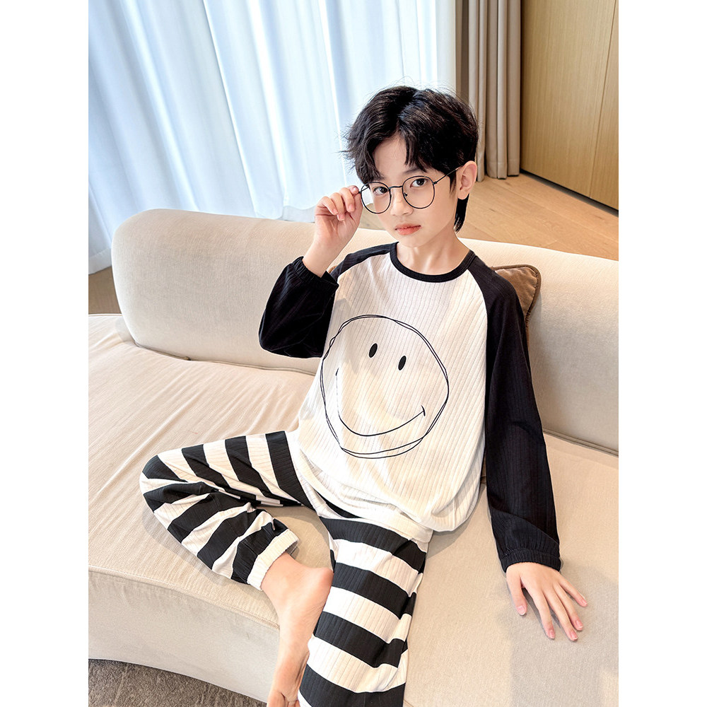 Meninos primavera verão pijamas crianças Modal puro algodão Homewear médio grande crianças listrado dos desenhos animado