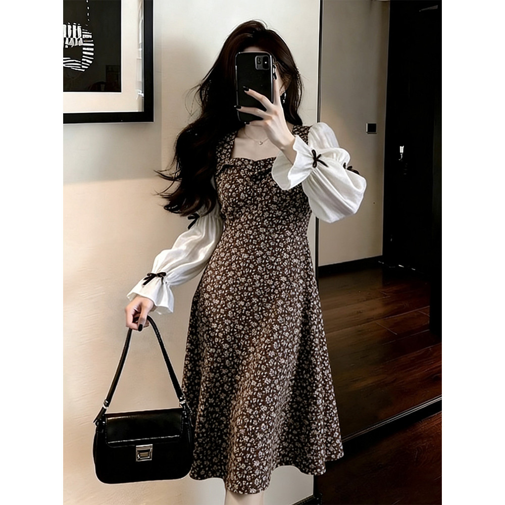 Francês estilo Retro pescoço quadrado vestido Floral feminino Hepburn elegante magro-ajuste mais magro olhar A linha sai