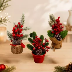 Enfeite De Natal Mini Arranjo Decorativo Cereja e Pinha Com 3
