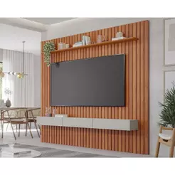 Rack Bancada c/ Painel p/ TV até 75 Pol Maragogi Ripado 1 Porta e 2 Gavetas 230x220cm Cinamomo/Off White - Permóbili