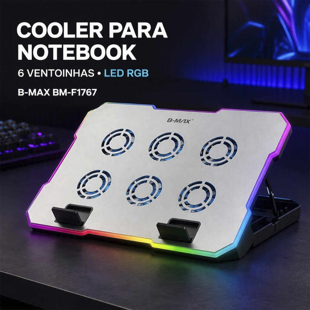Cooler para Laptops com 6 Ventoinhas RGB Base Refrigerada Suporte Ajustável para Notebook até 17 Pol