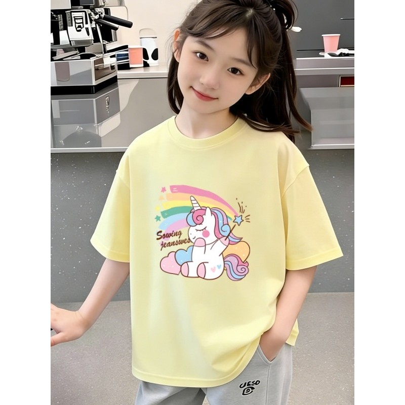 Verão meninas puro algodão de manga curta camiseta 2026 novo estilo dos desenhos animados unicórnio impressão topo menin