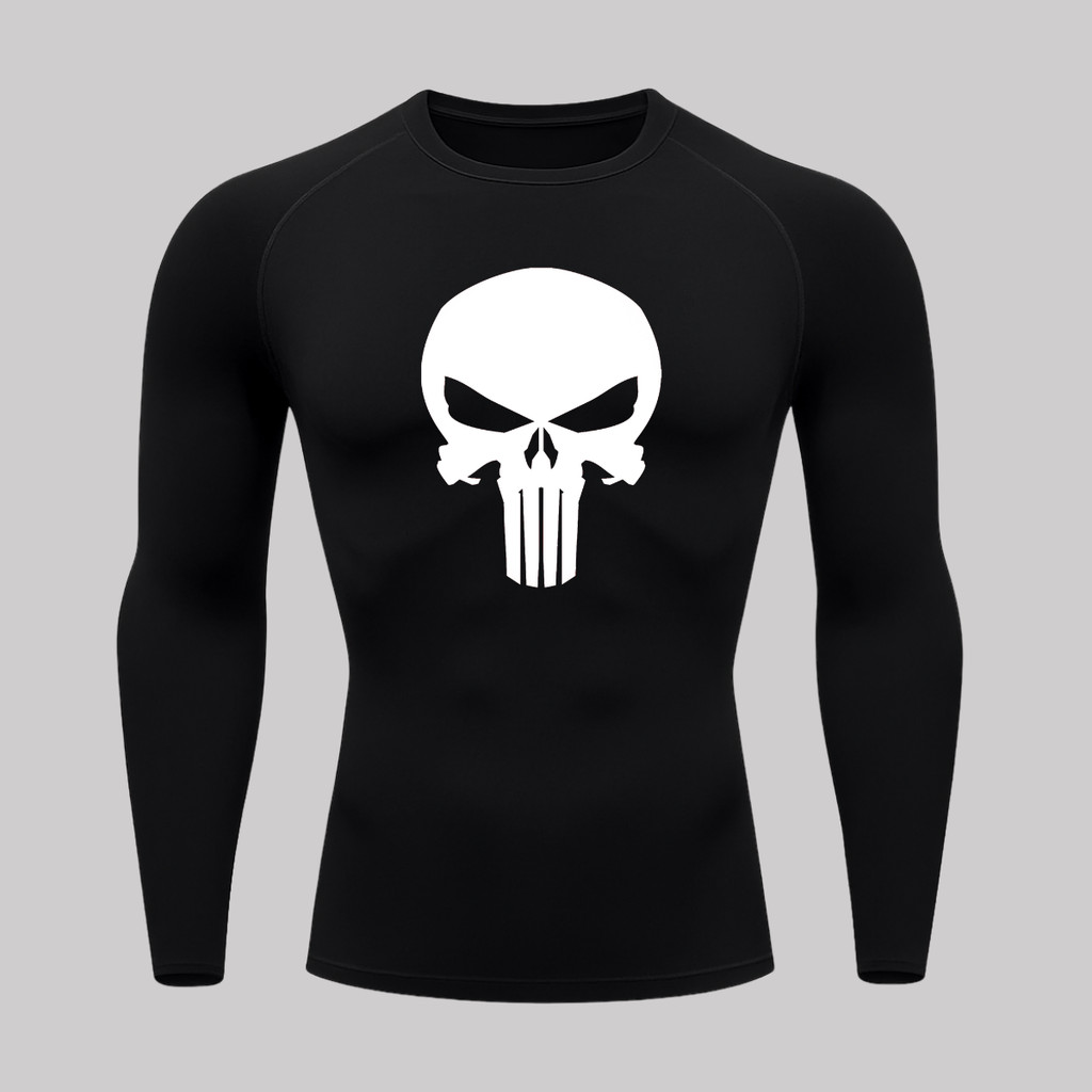 Camisa Compressão Proteção Uv 50+ Estampada Tecido Gelado Segunda Pele Manga Longa Símbolo Justiceiro Caveira Rash Guard