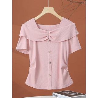 Design Lotus Leaf Collar Camiseta de manga curta feminina verão 2025 novo estilo elegante camisa pequena reduzindo a ida