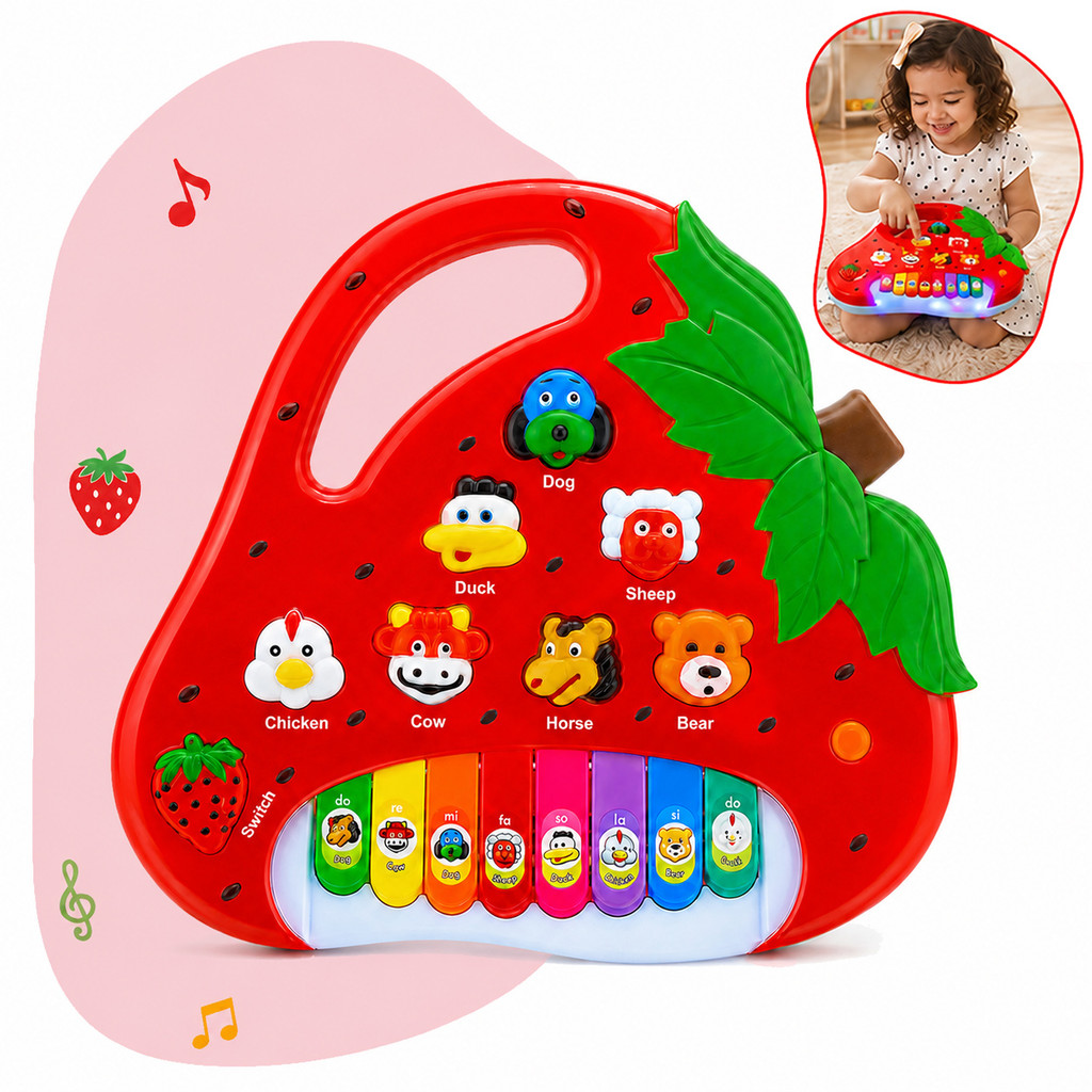 Piano Teclado Musical Formato Morango Com Luzes e Sons Sons Bichinhos Estimula Criatividade Brinquedo Criança Kizumb