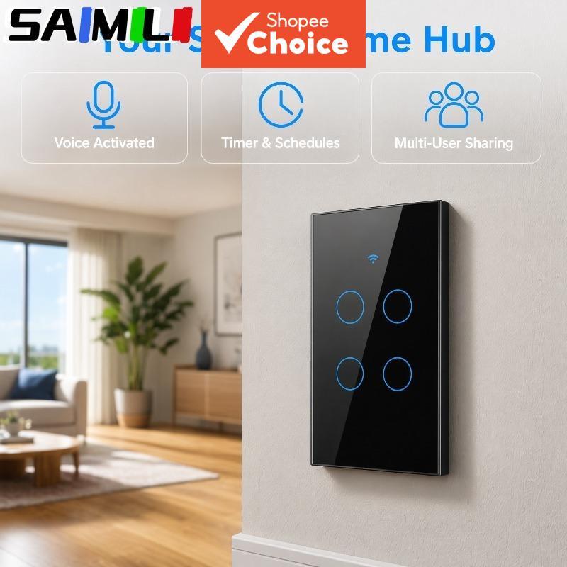 SAIMILI Tuya US WiFi + Bluetooth Interruptor de Parede Inteligente RF433 4 Gangue Interruptor de Luz LED com Sensor