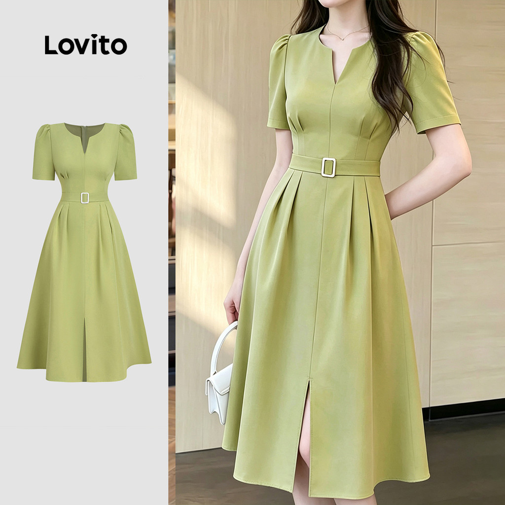 Lovito Vestido Elegante Plissado com Cinto e Zíper Primavera/verão Turquesa para Mulheres L199ED588
