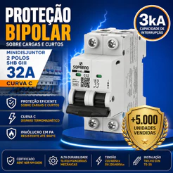 Disjuntor Bipolar 32A Soprano DIN SHB GIII Curva C 2 Polos P/ Quadro Elétrico Residencial Original
