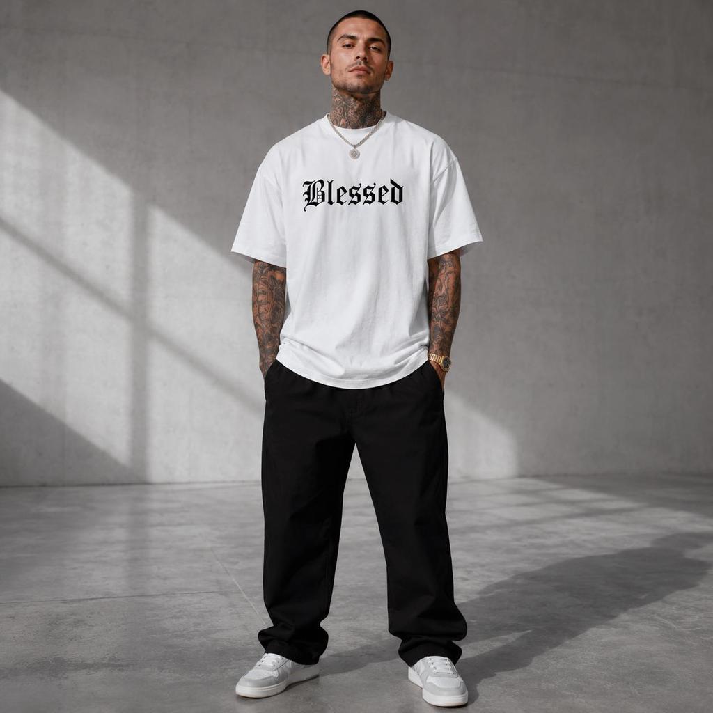 Camiseta Masculina Blessed Oversized 100% Algodão Estampada Streetwear Confortável