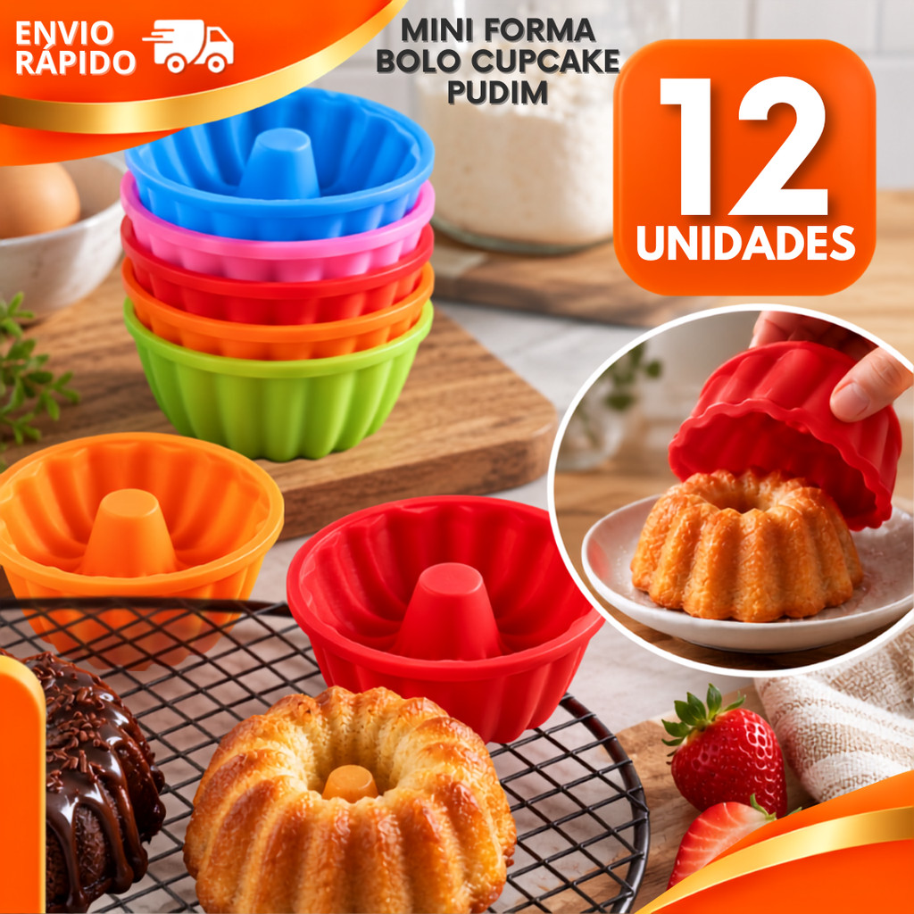 Kit 12/6/3 Mini Forminhas Furo Central Cupcake Bolo Pudim Quiche Silicone Vulcão Antiaderente Forno e Airfryer Não Gruda