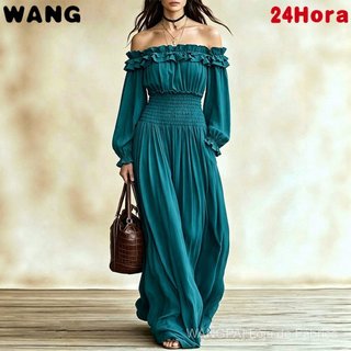 Vestido Longo Feminino de Cor Sólida, Ombros Descidos, Com Babados, Manga Longa e Corte Justo