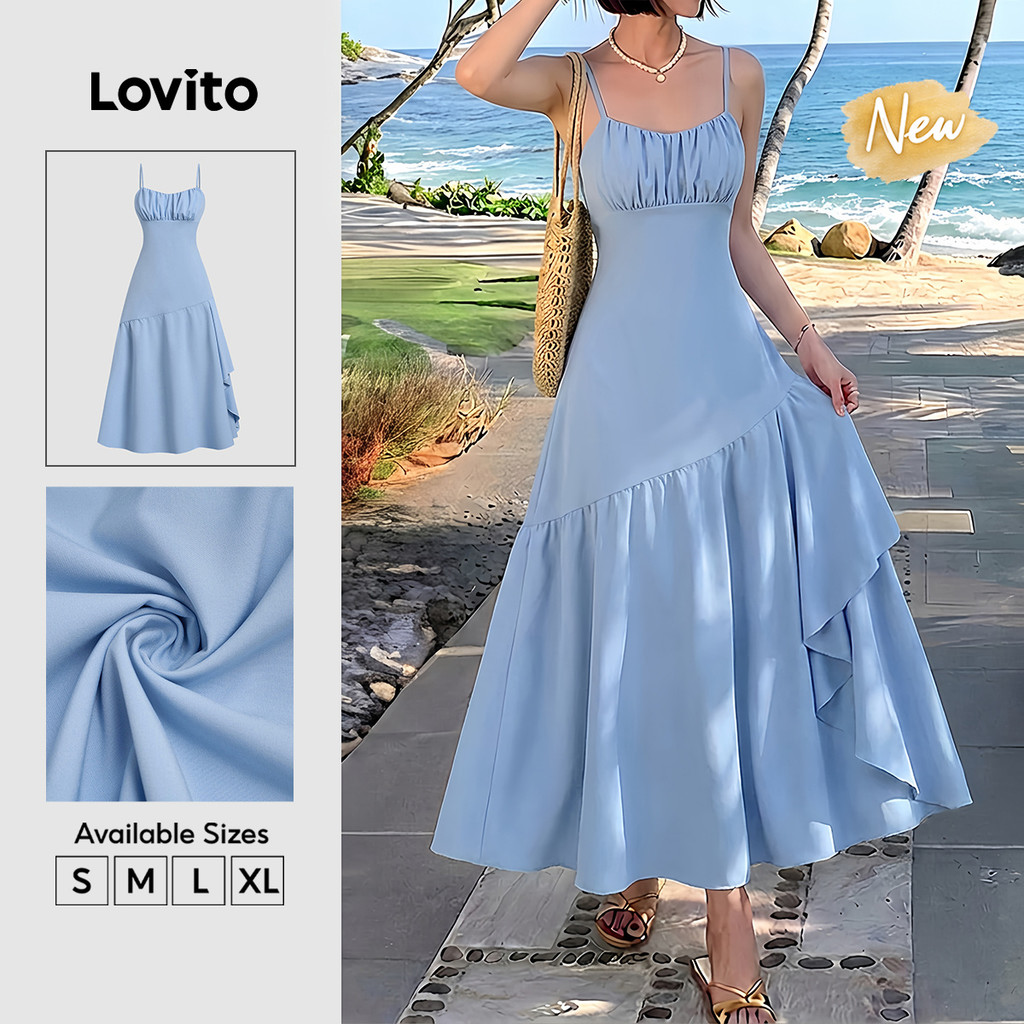 (New Arrival) Lovito Vestido Azul Boho Plissado Assimétrico Longo Linha a Para Primavera E Verão Casual De Fim De Semana E Férias Para Mulheres DRB39BR097