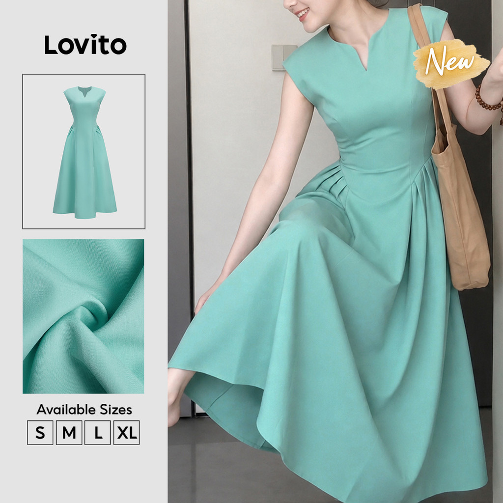 (New Arrival) Lovito Casual Vestido Longo Gala Verde Zíper Detalhes Estruturais Férias Primavera Verão Para Mulheres DRB39BR055