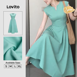 (New Arrival) Lovito Casual Vestido Longo Gala Verde Zíper Detalhes Estruturais Férias Primavera Verão Para Mulheres DRB39BR055