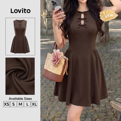 (New Arrival) Lovito Vestido Feminino Marrom Casual Curto Com Corte Em Linha a Para Primavera/verão E Fins De Semana DRB204P1D491