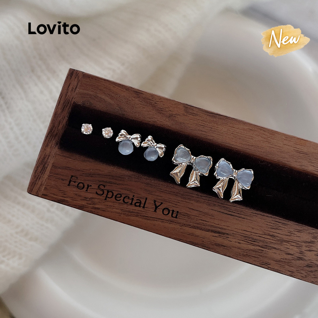 (New Arrival) Lovito Brincos Com Laço Strass E Design Moderno No Estilo Coreano ERFT129FX152