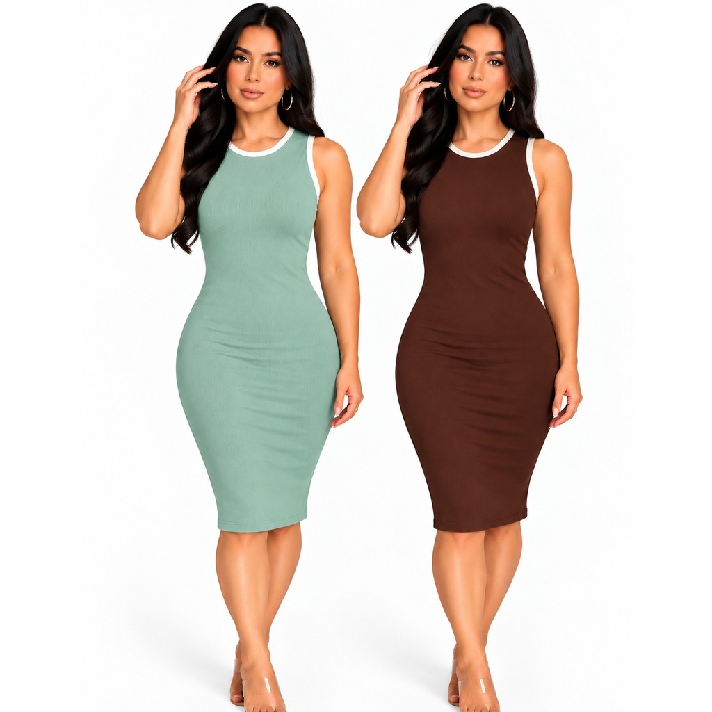 Kit 2 Vestidos Canelados Midi Femininos Gola Redonda Algodão Premium Confortável