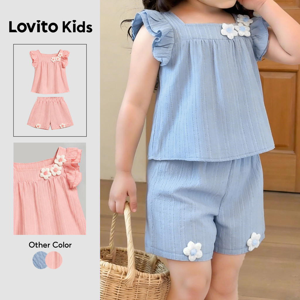 Lovito Kids Floral Conjunto Casual de Shorts com Apliques de Babados Azul Primavera/verão para Meninas L186LD218