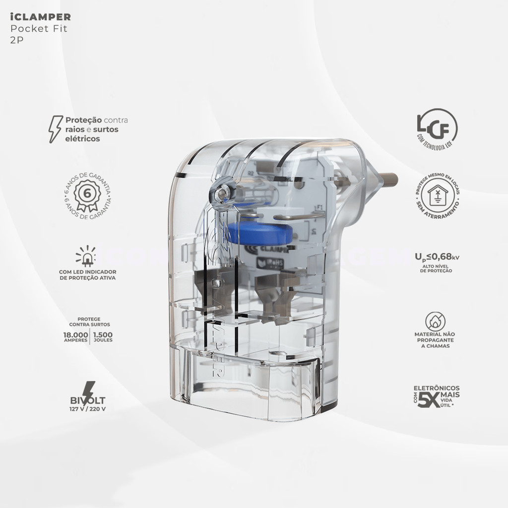 iCLAMPER Pocket Fit LCF 2 pinos 20 amperes Transparente Protetor Elétrico DPS Bivolt