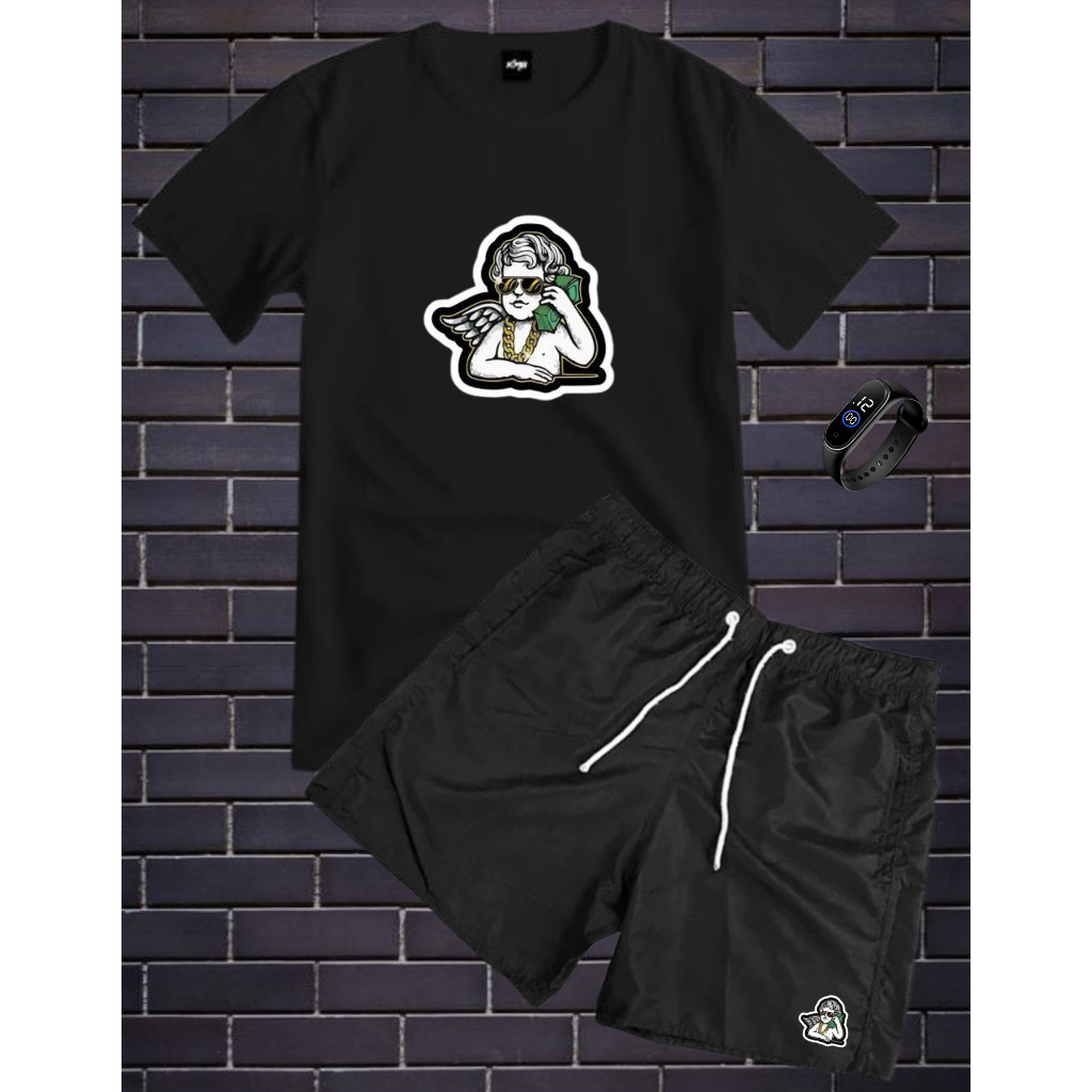 Conjunto Kit Masculino Anjo Gangstar Camisa 100% Algodão Fio 30.1 + Bermuda Tactel Estampada + Relogio Digital Top