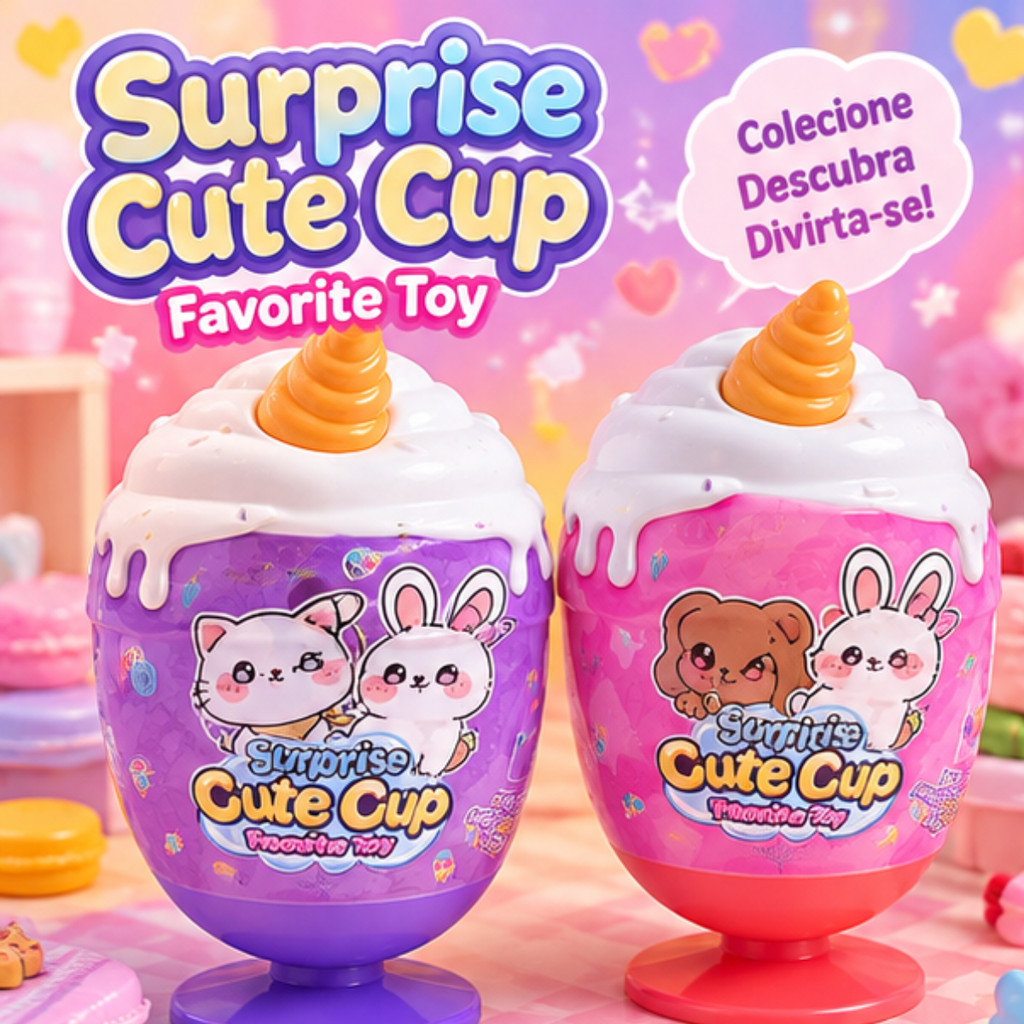 Brinquedo surpresa Cute Cup com mini acessórios, bichinho, comidinhas, talheres e adesivos